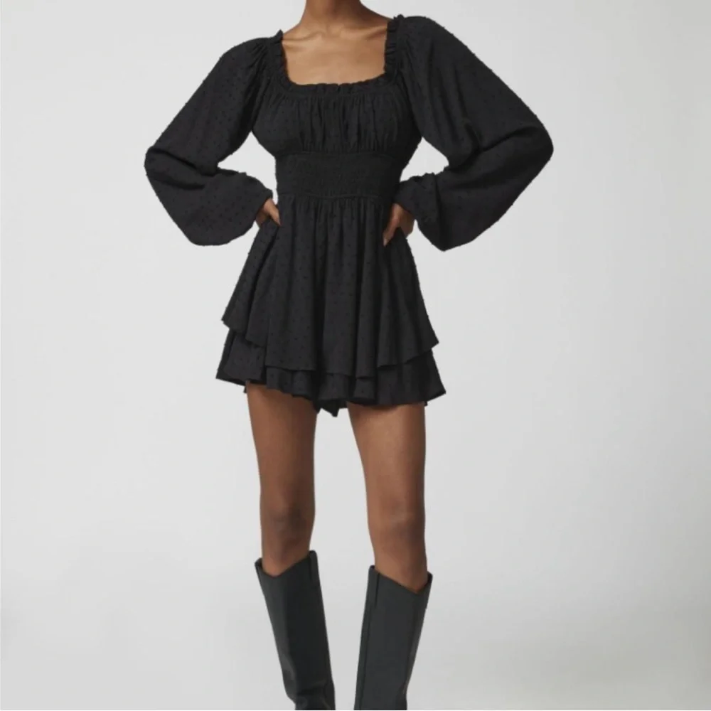 Urban Outfitters Rosie Clip Dot Smocked Long Sleeve Romper SM Black Fairygoth - Picture 3 of 16